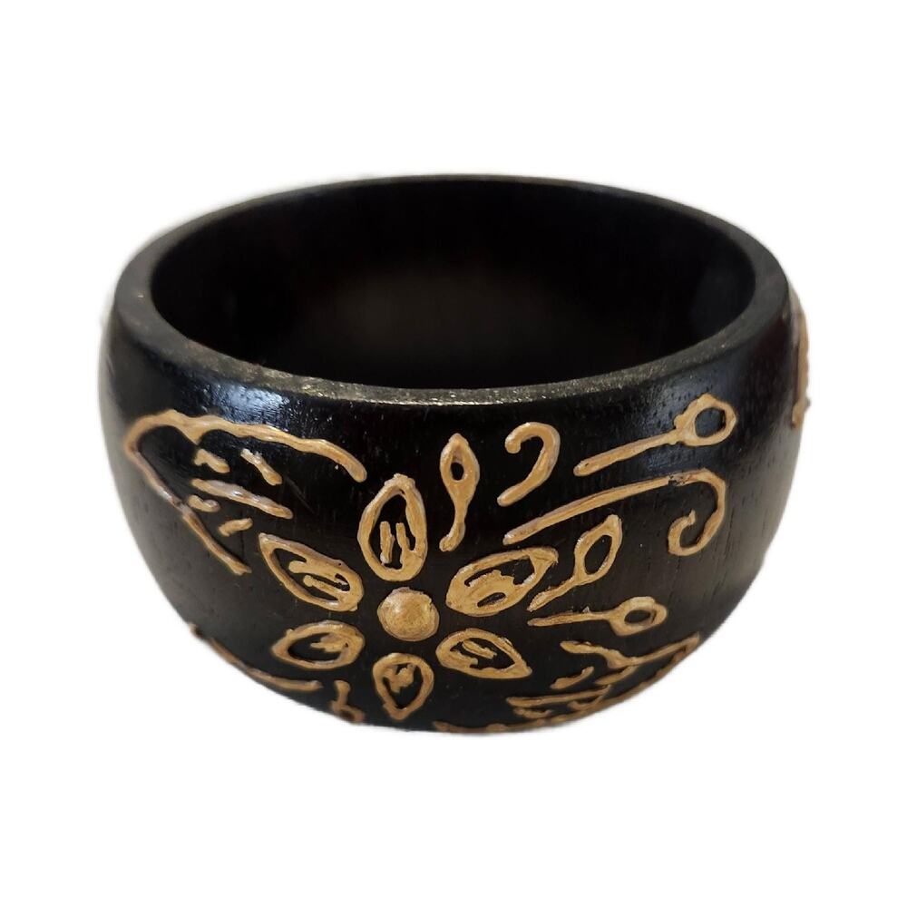 Vintage Black Wood Chunky Bangle Bracelet With Hand Painted Floral Design